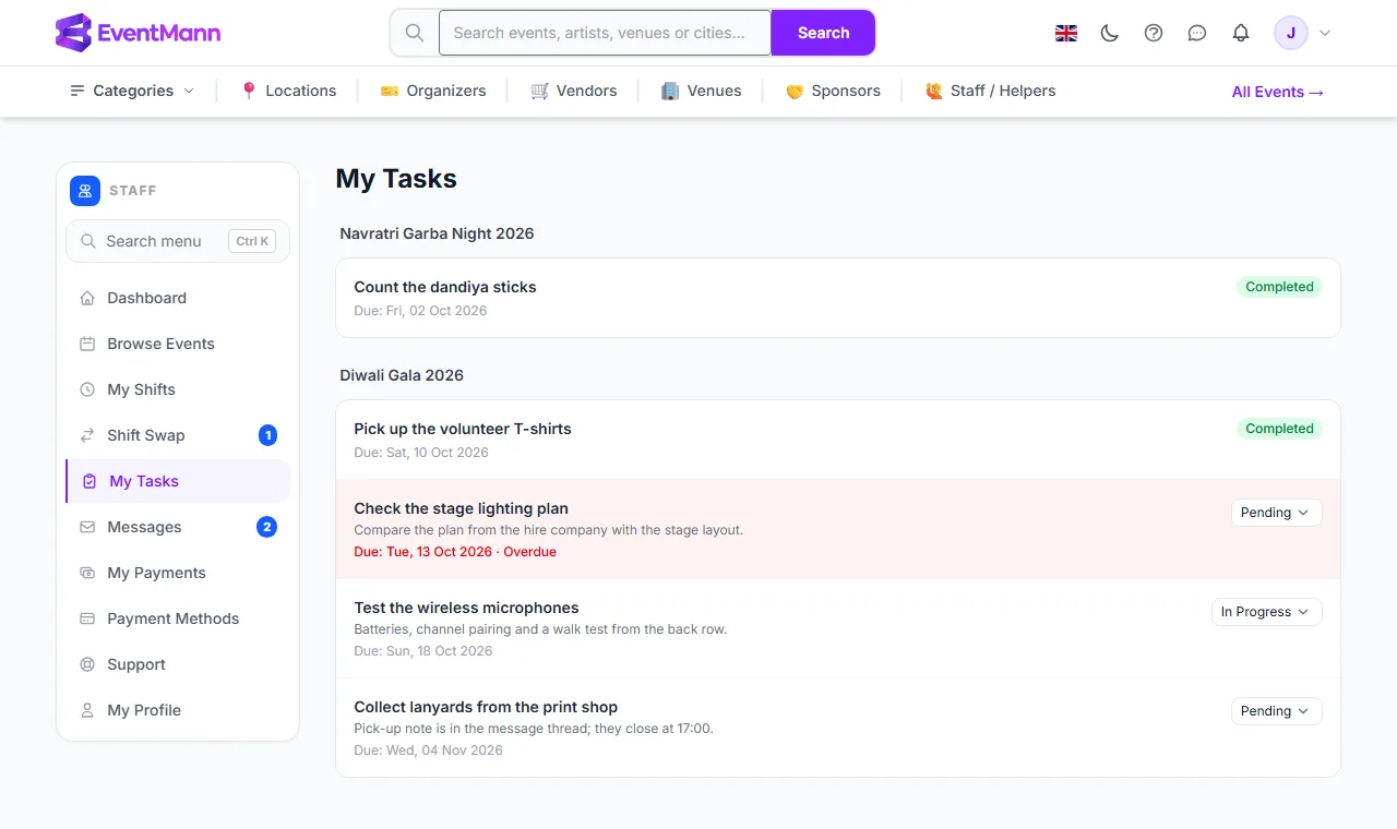 My Tasks grouped by event, with an overdue task highlighted