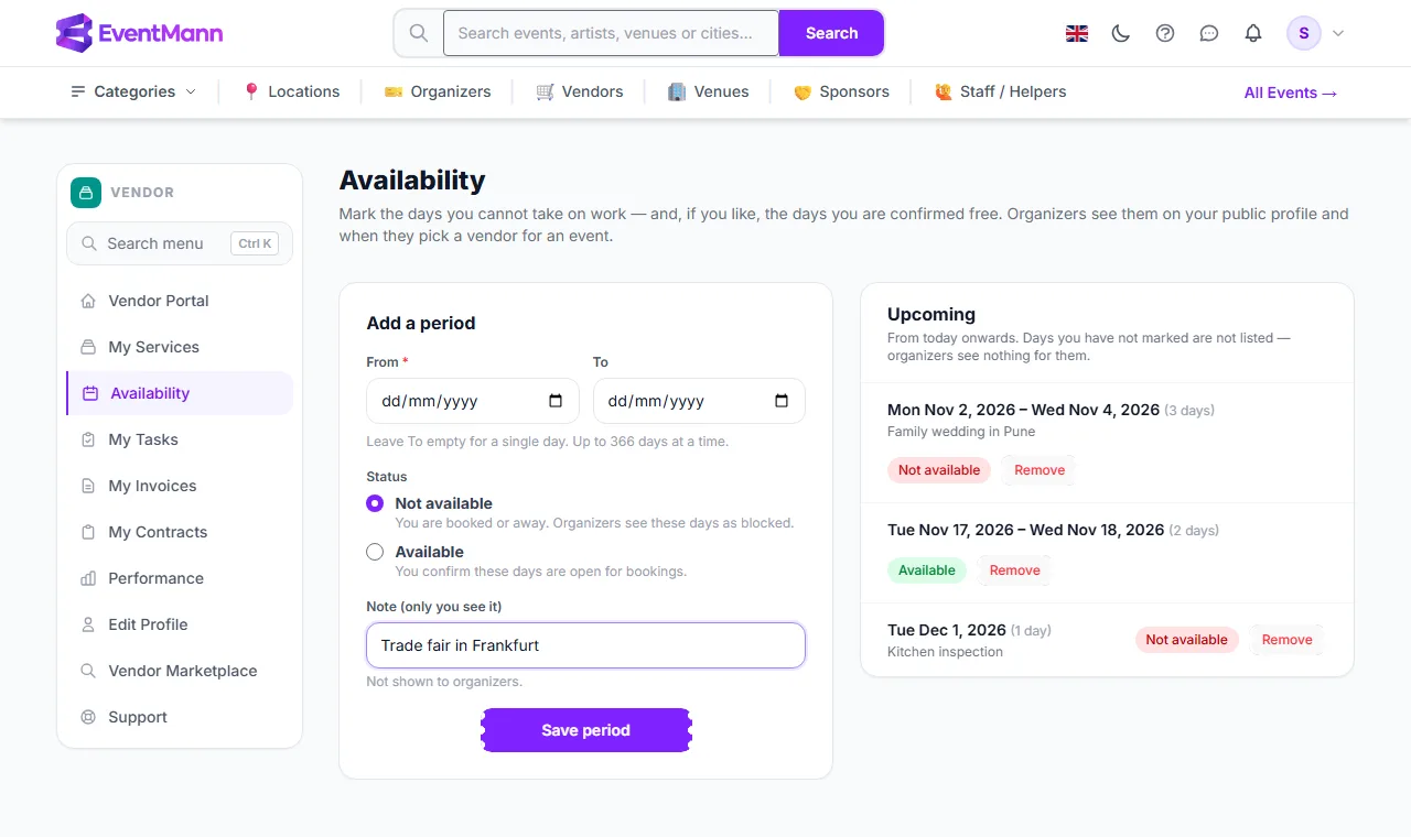 The Availability page: the form on the left, two upcoming periods on the right