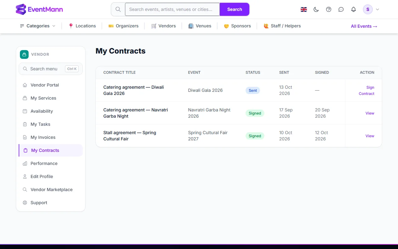 My Contracts with one contract waiting for a signature and two signed