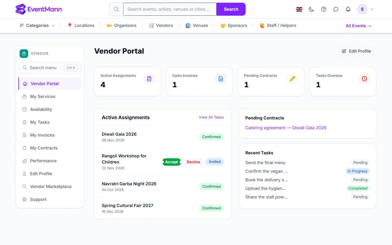 The vendor dashboard: counters, your assignments, pending contracts and recent tasks