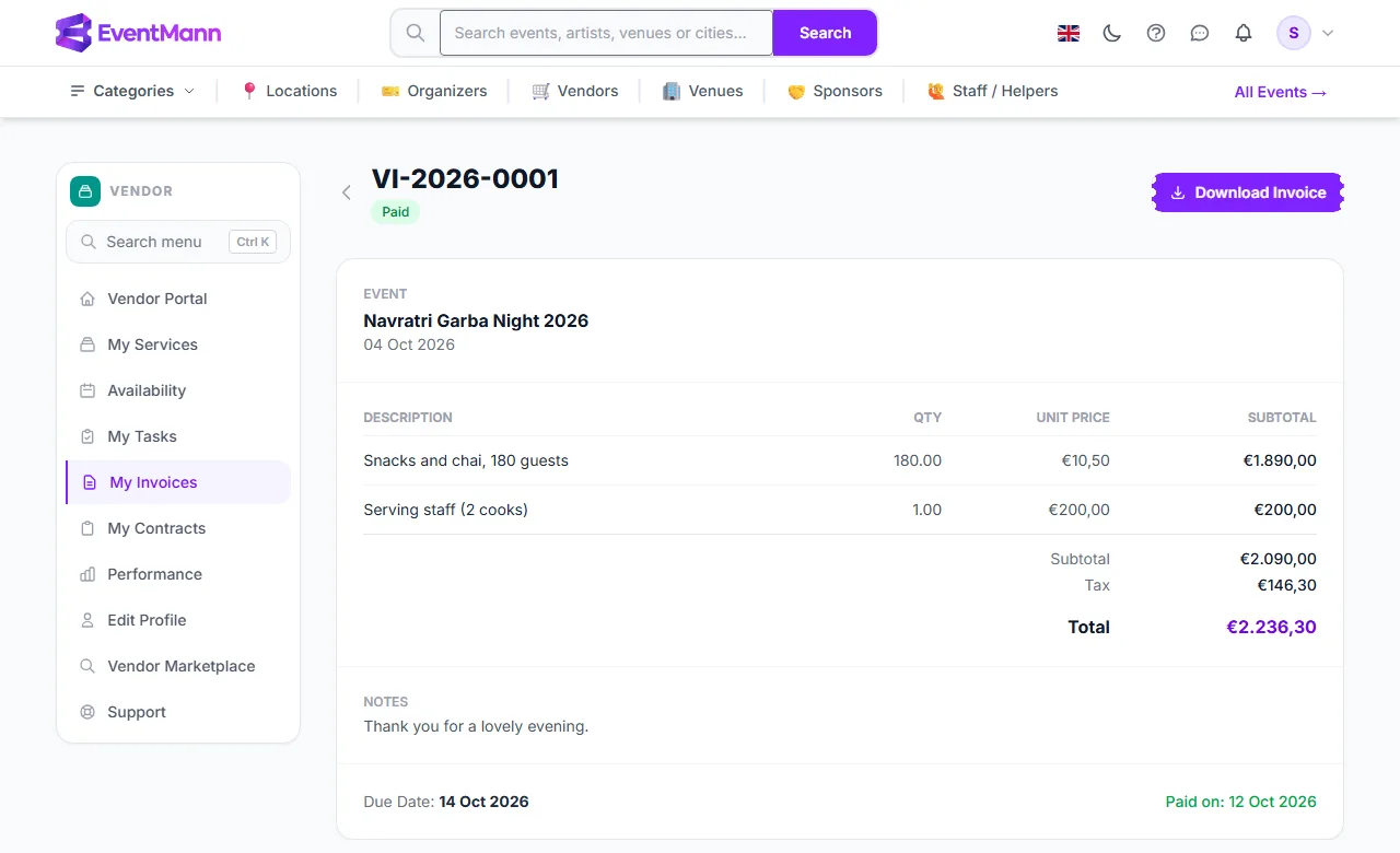 A paid invoice: lines, subtotal, tax, total, due date and paid date