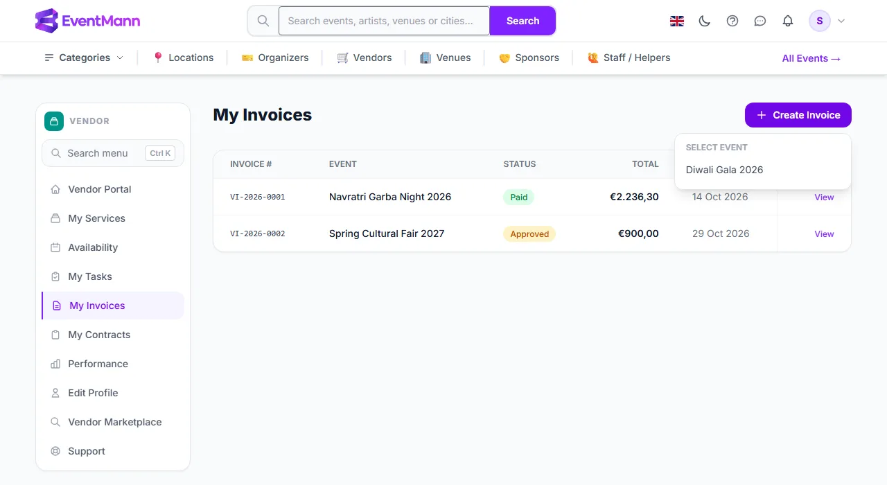 My Invoices with the Create Invoice menu open, a paid invoice and an approved one