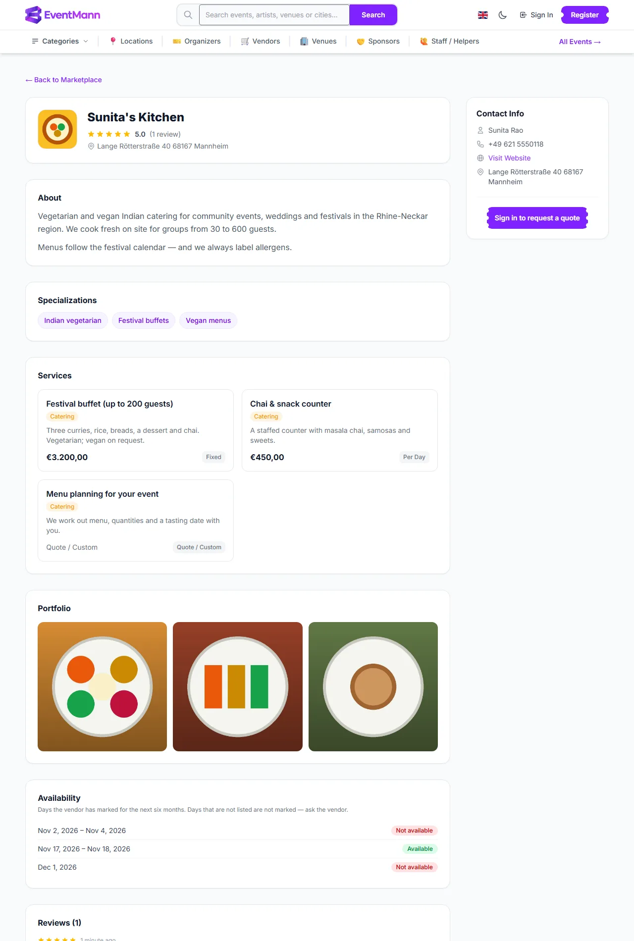 The public profile of a vendor as an organizer sees it
