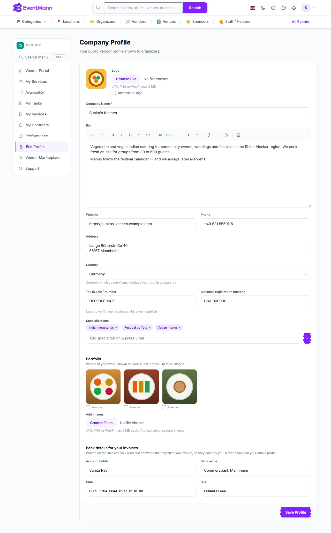 The Company Profile form with the logo, portfolio and bank details