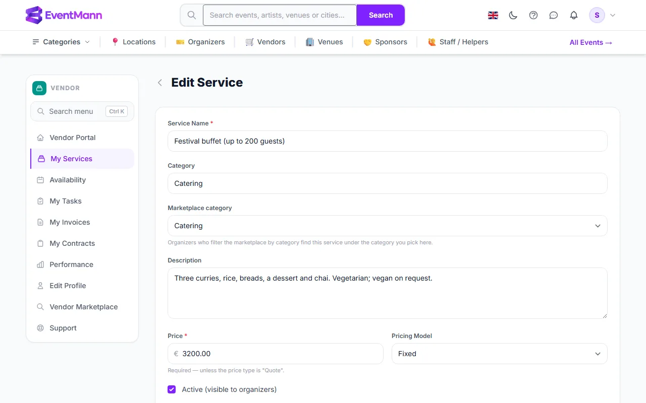 The service form: name, category, description, price, pricing model and the Active switch