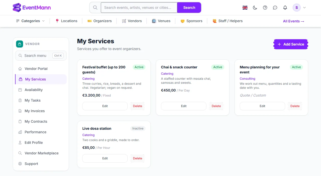 My Services with active and inactive services and their prices