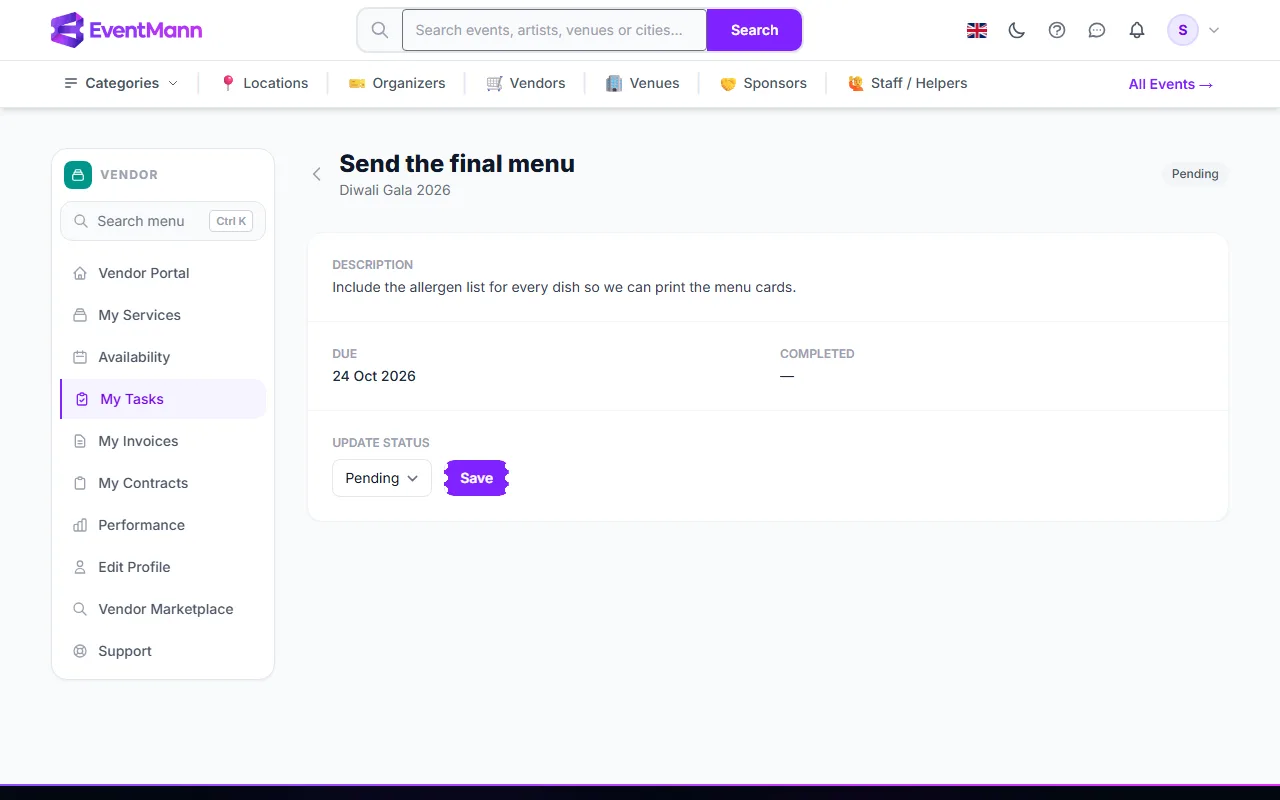 The task page with its status selector and Save button