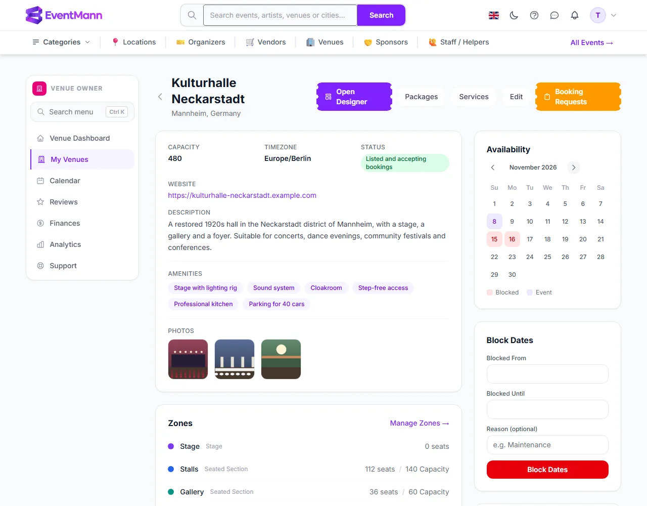 The availability calendar, the Block Dates form and the list of blocked periods
