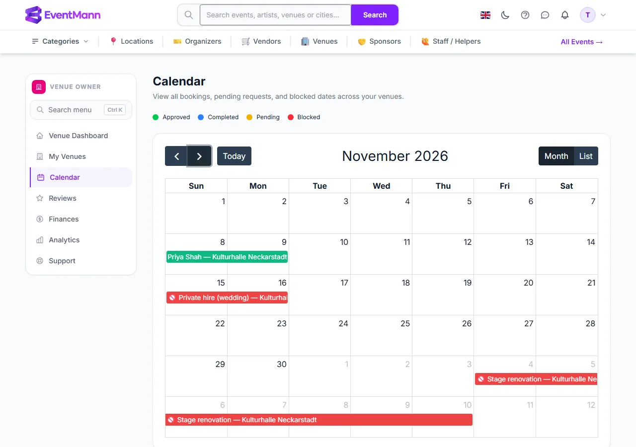 The calendar showing the approved Diwali Gala booking in November
