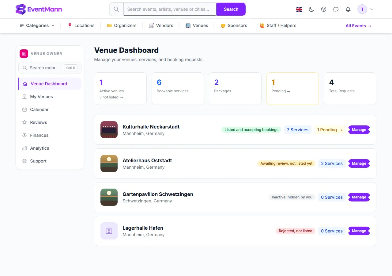 The Venue Dashboard with its five counters and four venues in different states