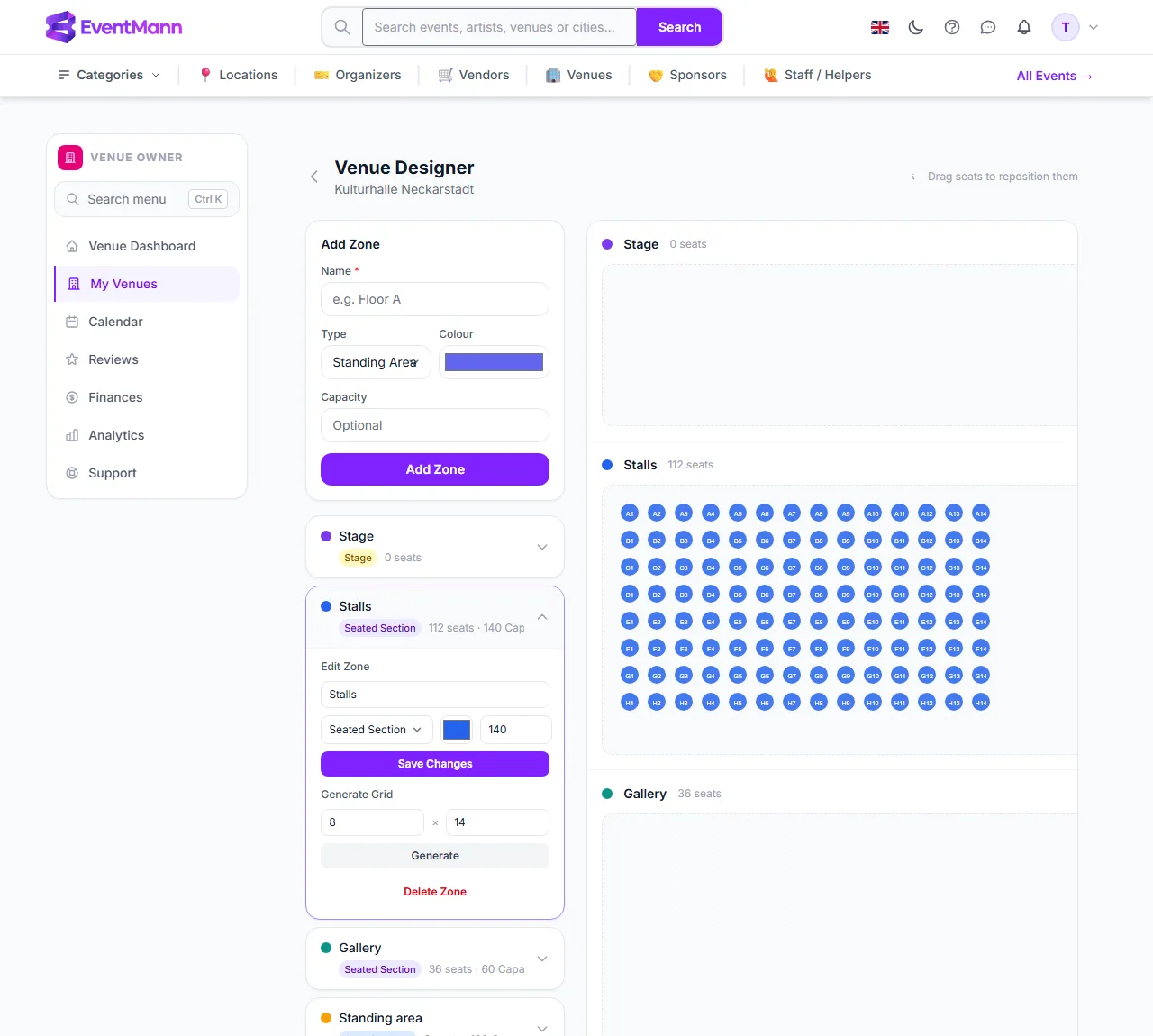 The Venue Designer with an expanded zone and its seat grid