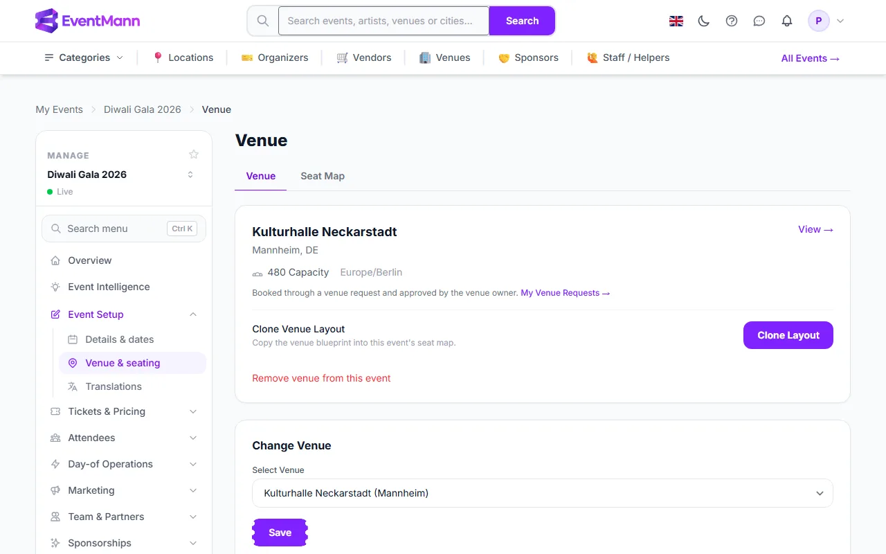 The organizer’s event page with the booked venue and the Clone Layout button