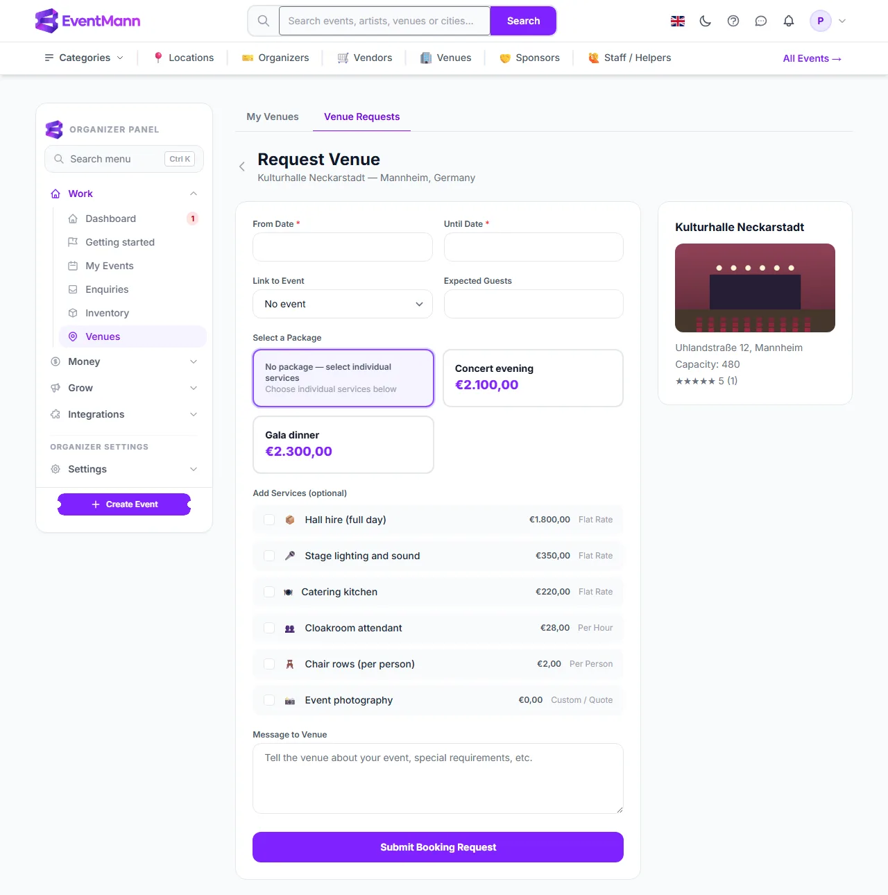 The organizer’s Request Venue form with dates, event, package and services