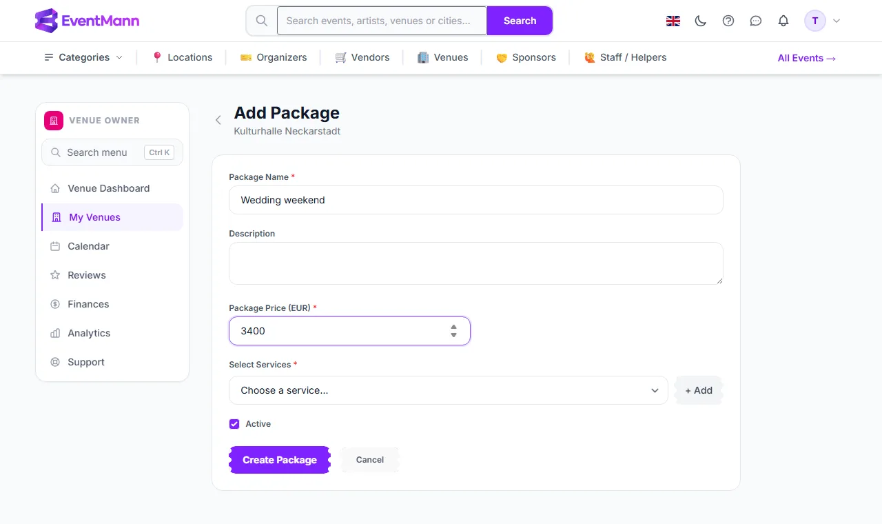 The Add Package form where services are chosen from the venue’s list