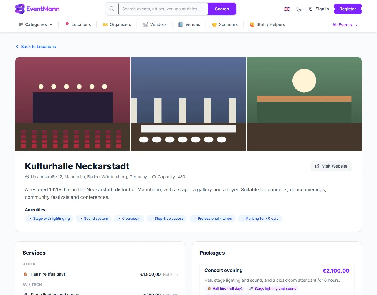 The public page of a venue with its photo strip at the top