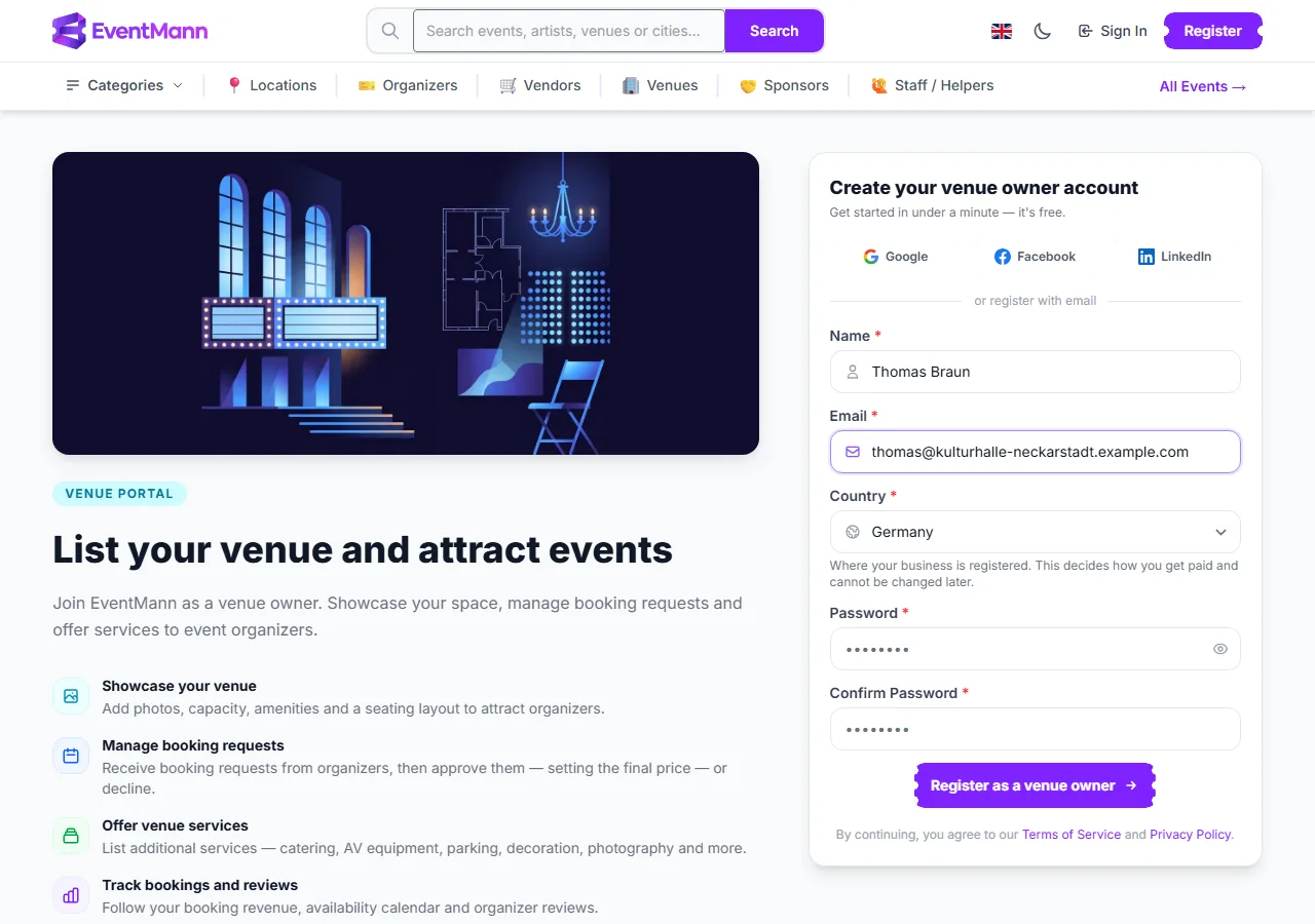 The venue-owner registration form