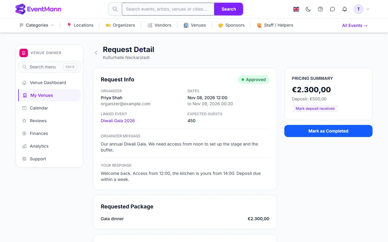 An approved request: the deposit button and Mark as Completed