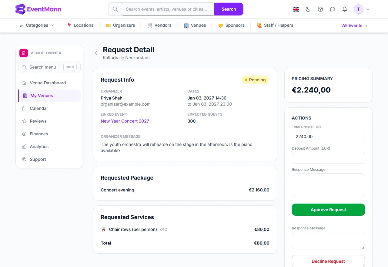 A pending request with the price, deposit and message fields and the Approve and Decline buttons