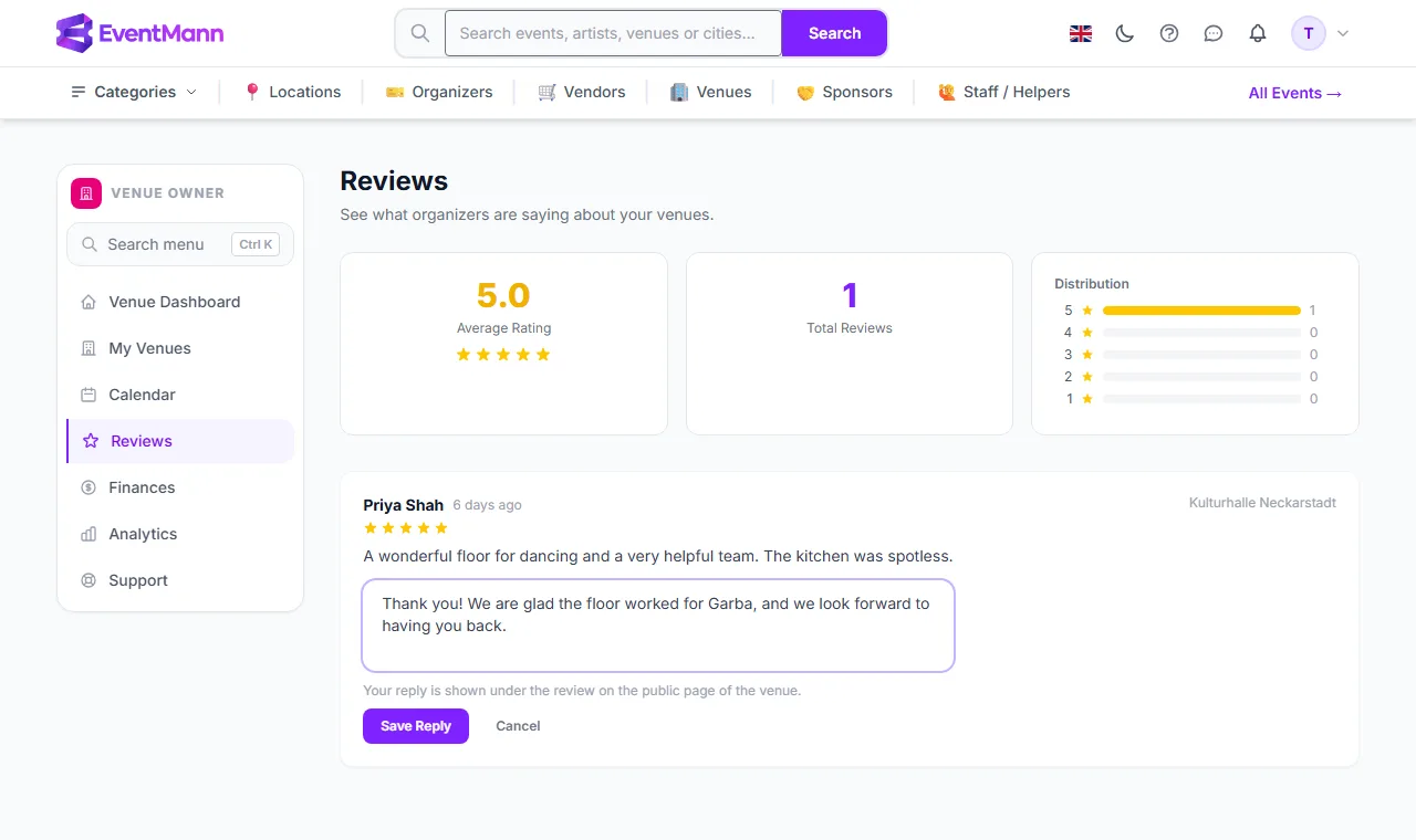 A review with the reply box open and Save Reply