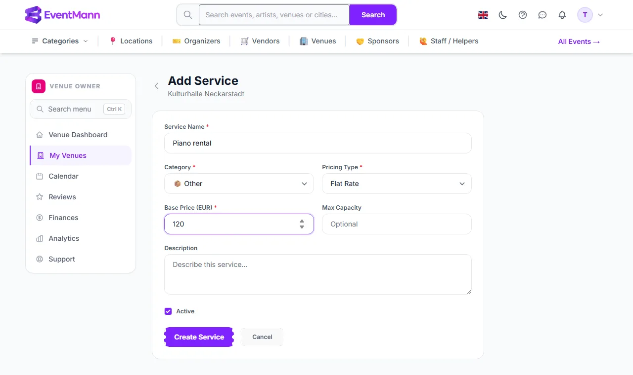 The Add Service form with the name filled in