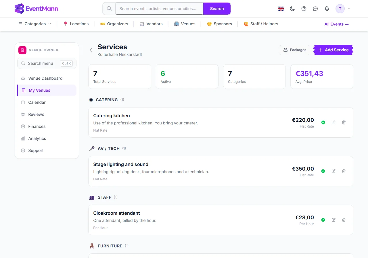 The services of a venue grouped by category, with Add Service and Packages in the header