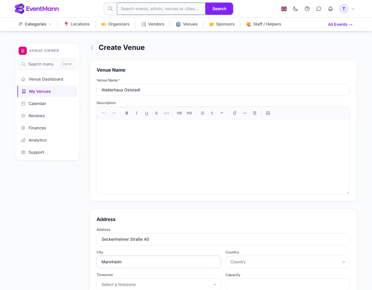 The first part of the Create Venue form, filled in