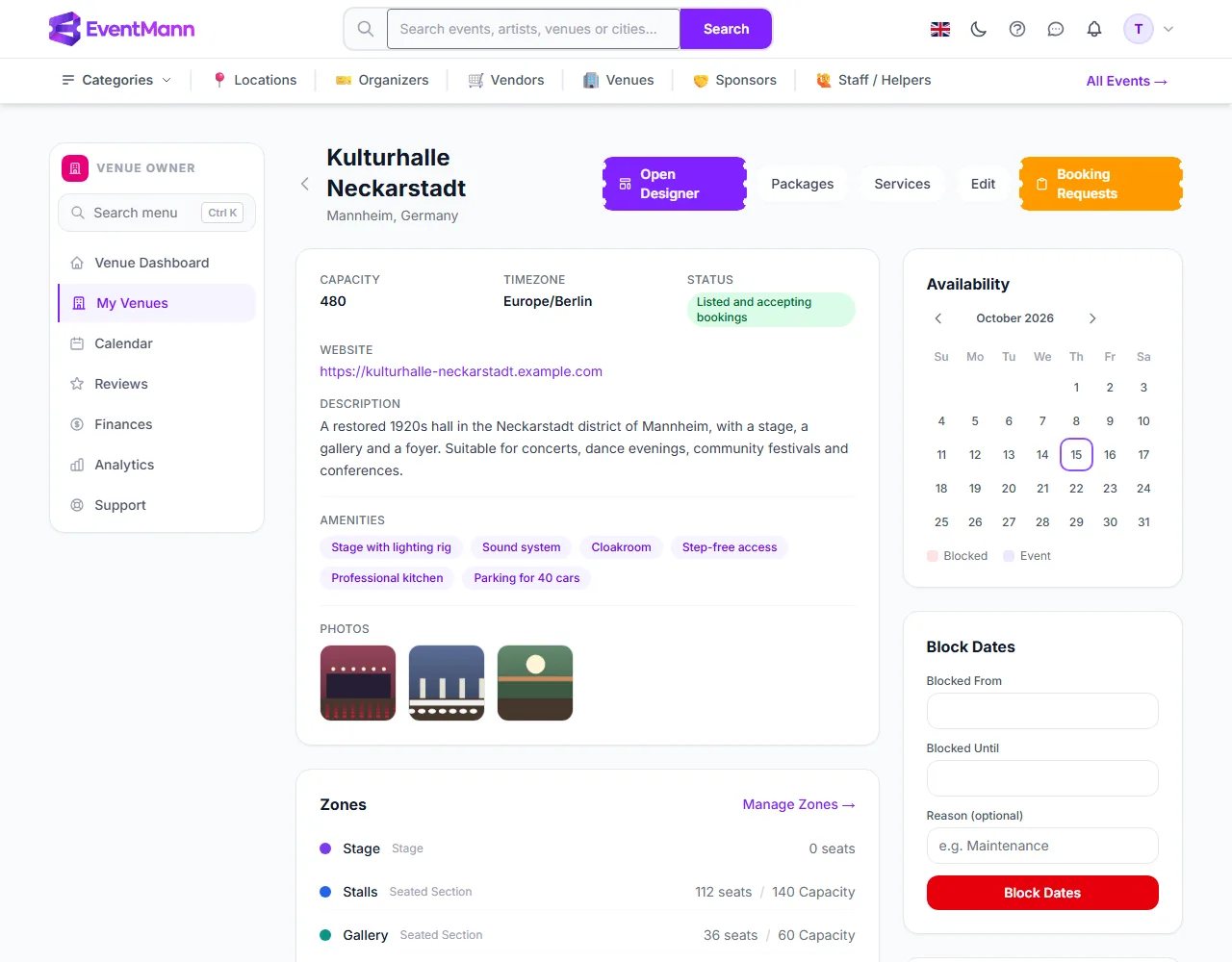 The page of one venue with its buttons, details, zones and availability calendar